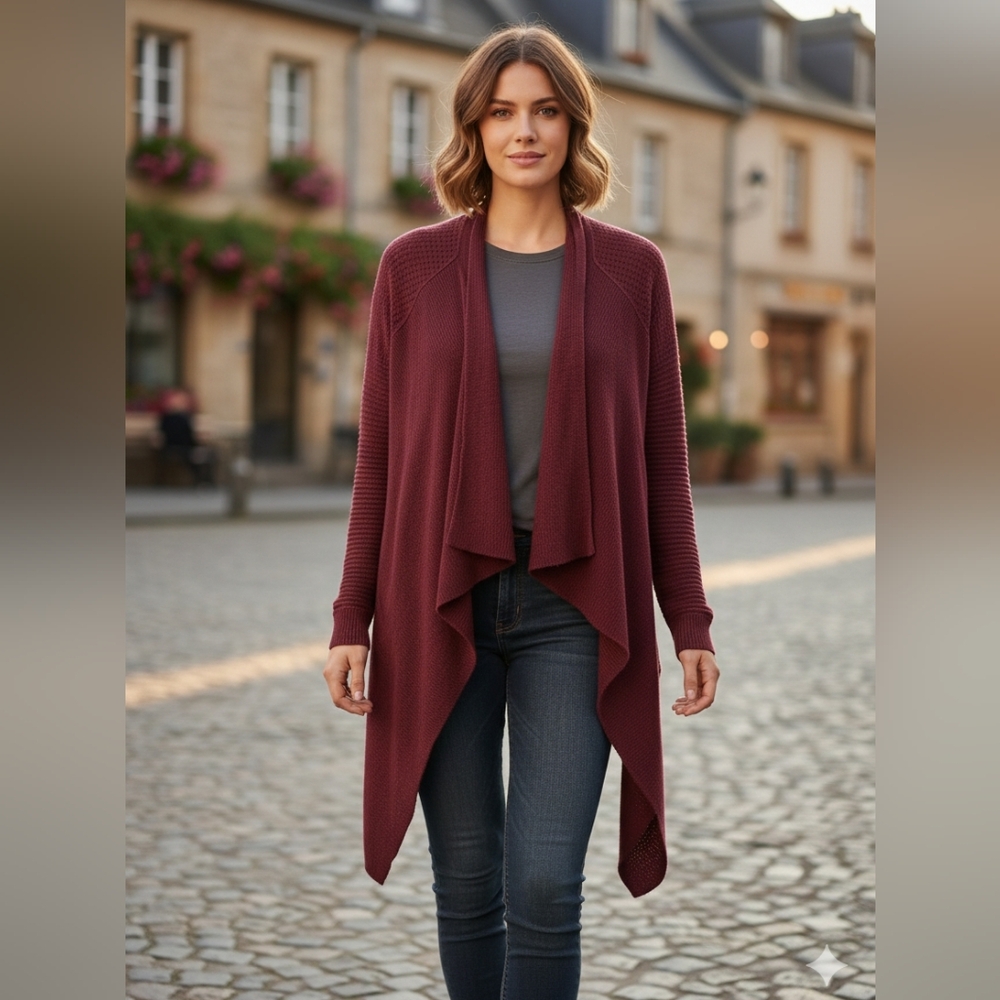 Market & Spruce Burgundy Draped Open Knit Cardigan Sweater M